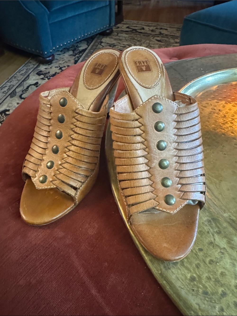 Frye Brown Leather Fringe Stud Mule Heels